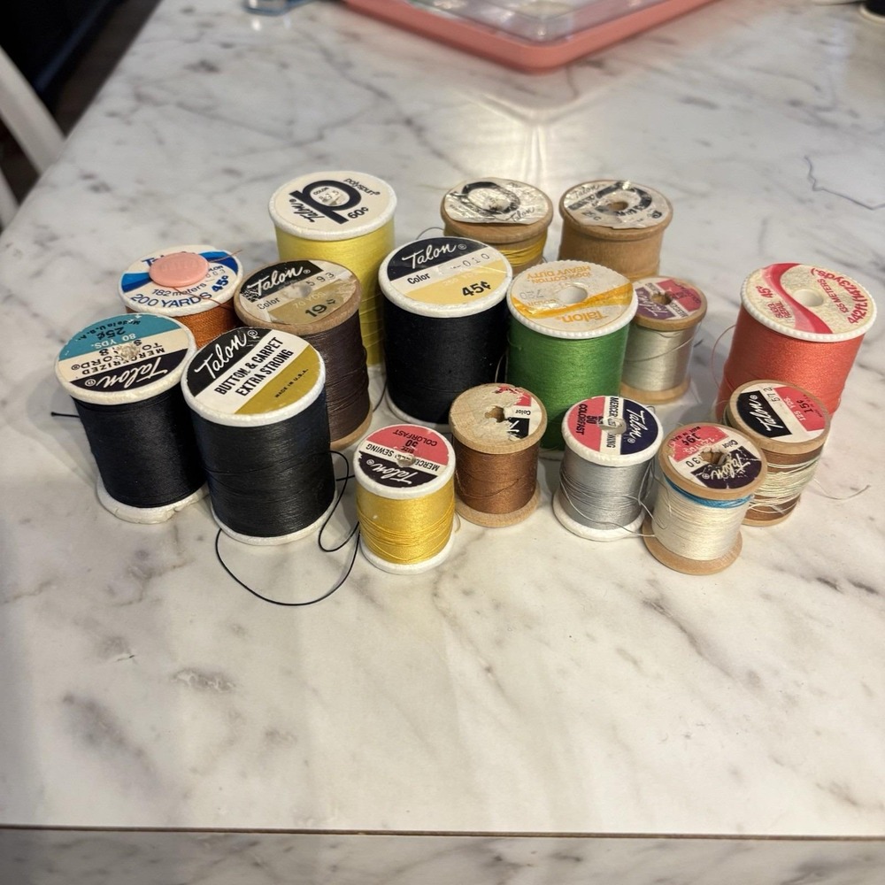 Vintage Talon Sewing Thread Lot Wooden and Plastic Spools Assorted Colors 16pc